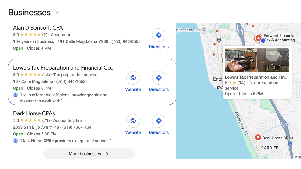 Map and list showing three businesses: Alan D Borissoff, CPA; Lowe’s Tax Preparation and Financial Consulting; and Dark Horse CPAs, with ratings, addresses, and hours of operation.